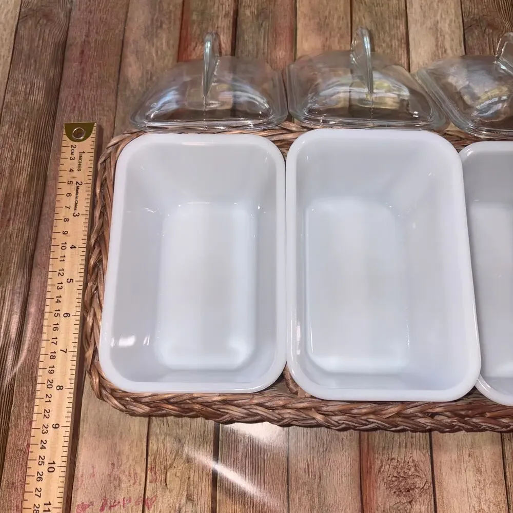 VNTG‎ Glasbake J-305 White Milk Glass Set 3 Covered Loaf Dishes Wicker Basket